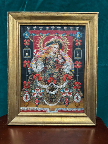 Divina pastora con niño, pintada sobre óleo estilo cuzqueño.