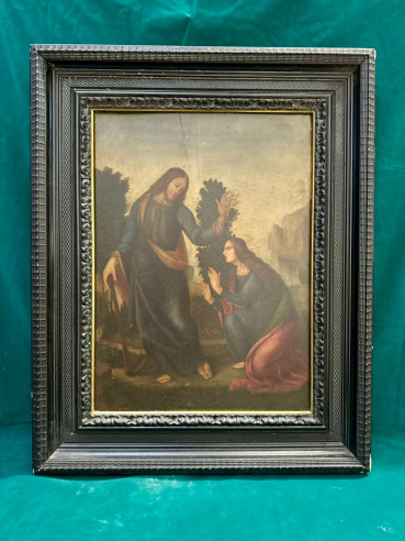 Óleo sobre tabla “No me retengas”. Es un encuentro entre Jesús resucitado y Santa María Magdalena.