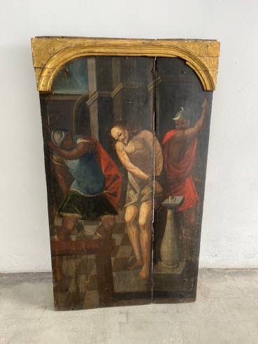 Retablo Señor atado a la columna, óleo sobre madera.