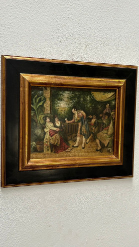 Escena de toreros cortejando a mujeres ataviadas con trajes de la época, óleo sobre tabla.