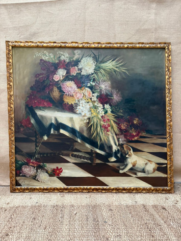 Cuadro floral con simpático perro tirando del mantel, firmado por María Font año 1929.