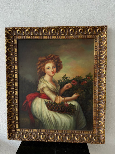 Niña recogiendo flores, pintado sobre óleo (firmado).